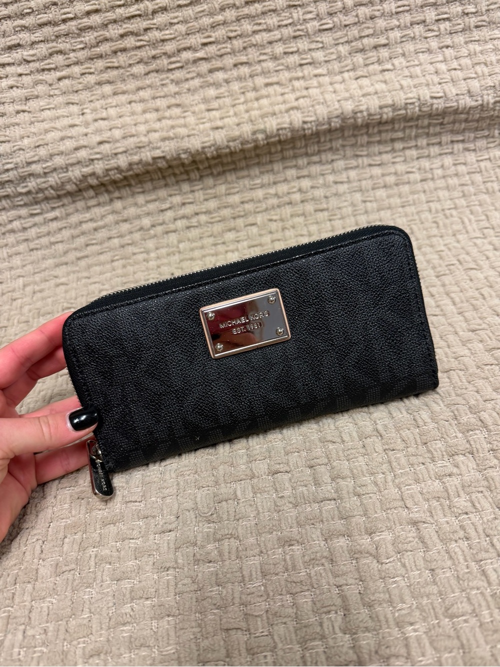 Michael Kors Black Signature Zip Wallet with Polished Plaque